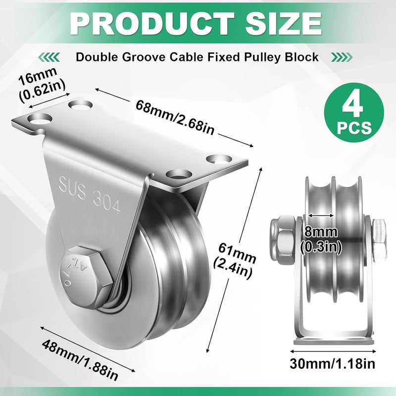 Threlaco 4 Pack Double Groove Cable Fixed Pulley Block Wall Mount Cable Wheel Pulley Heavy Duty Duplex 304 Stainless Steel Silent Block Internal Bearing Inside for Lifting System DIY Gym Equipment - Image 2